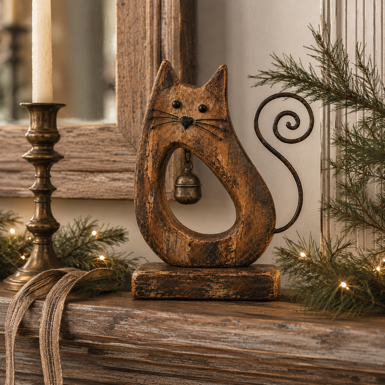 Rustic Cat Figurine with Vintage Bell