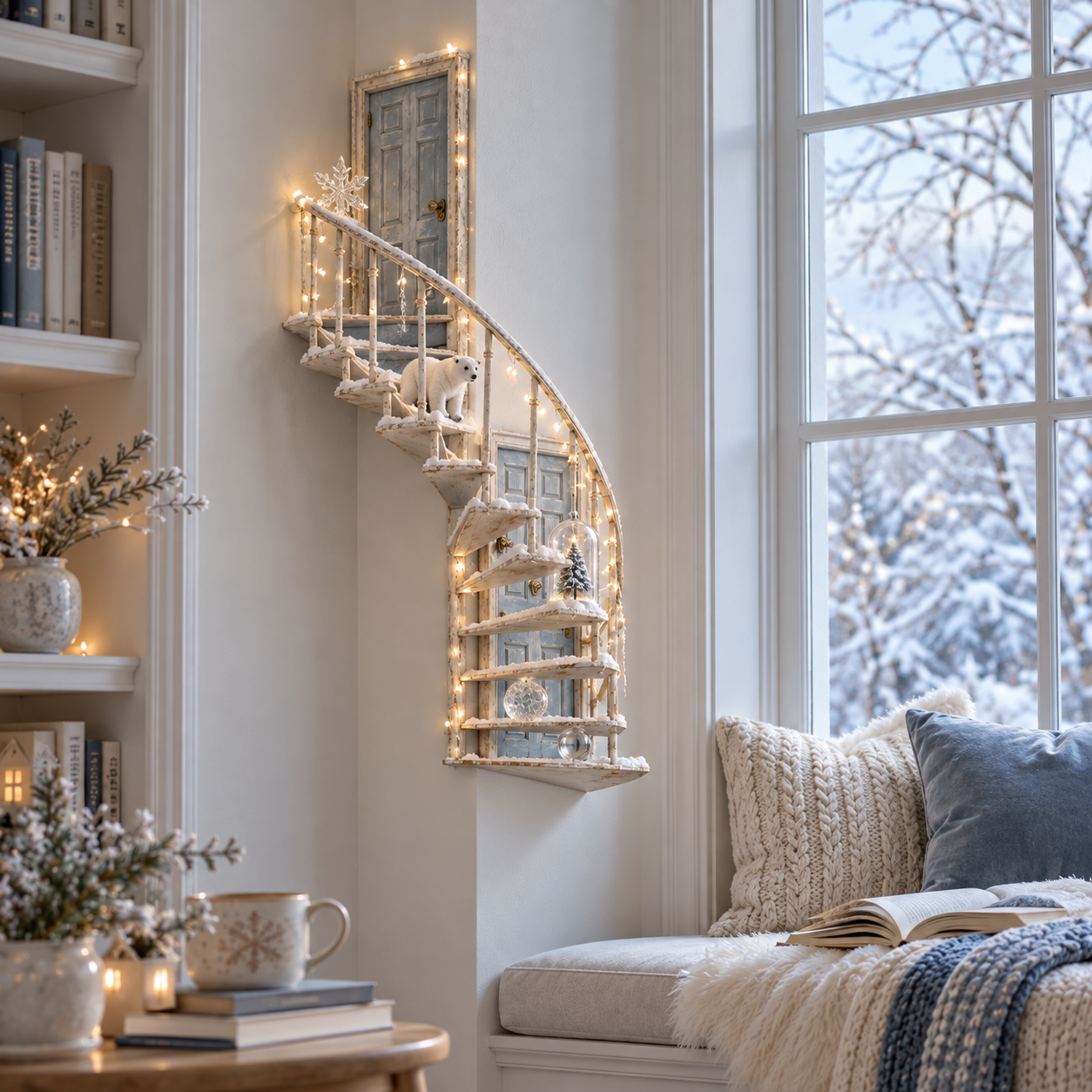 Winter fairytale staircase in a cozy reading area