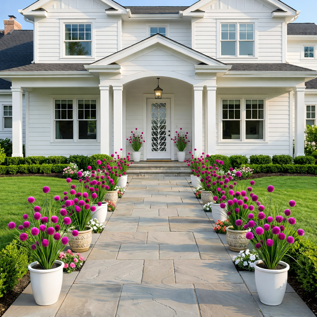 Artificial Purple Allium Grass Stem — Outdoor Decorative Spherical Faux Grass for Planters, Porches, Patios, and Garden Landscaping