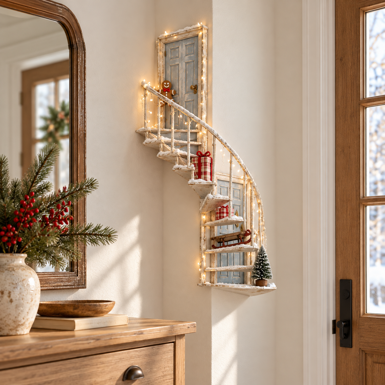Winter staircase decorating a welcoming entryway