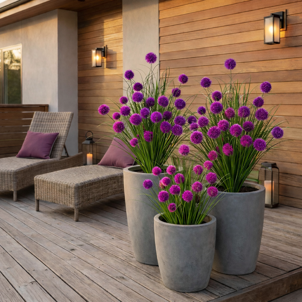 Artificial Purple Allium Grass Stem — Outdoor Decorative Spherical Faux Grass for Planters, Porches, Patios, and Garden Landscaping