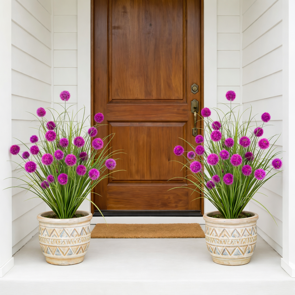 Artificial Purple Allium Grass Stem — Outdoor Decorative Spherical Faux Grass for Planters, Porches, Patios, and Garden Landscaping