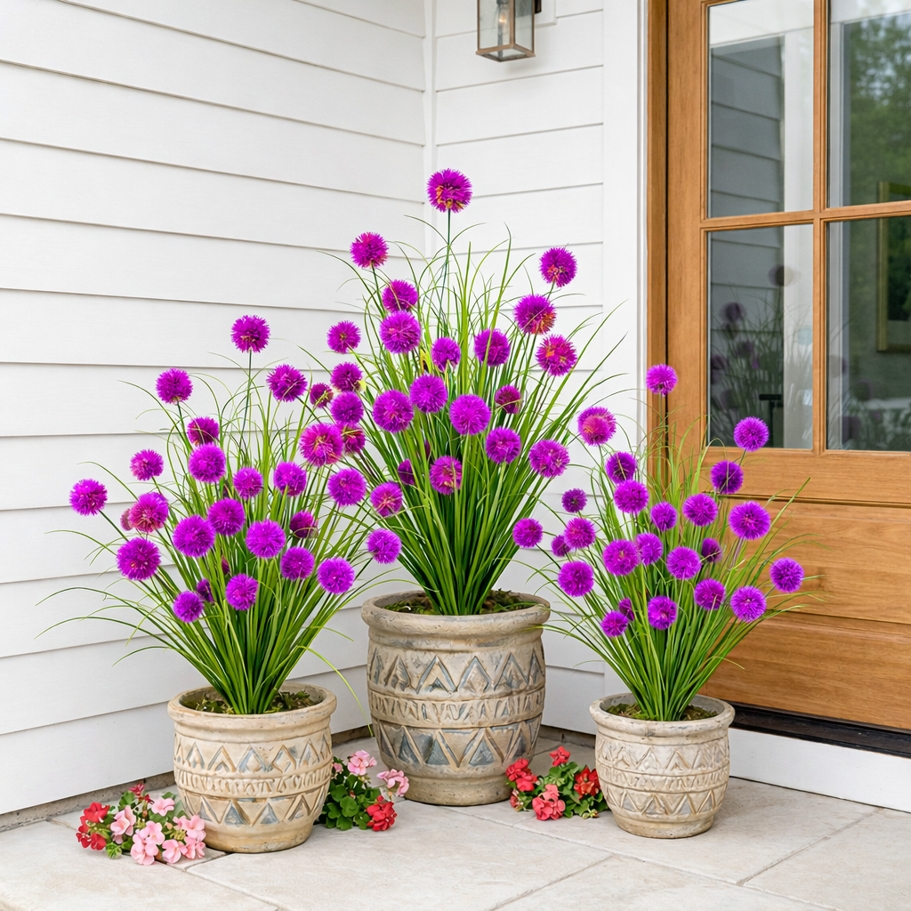 Artificial Purple Allium Grass Stem — Outdoor Decorative Spherical Faux Grass for Planters, Porches, Patios, and Garden Landscaping