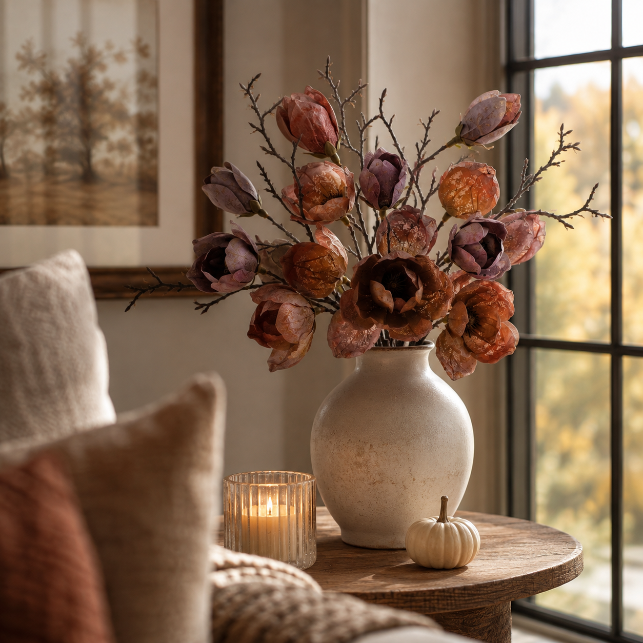 3 Pack Artificial Magnolia Flower Stems, 20 Inch Faux Fall Floral 