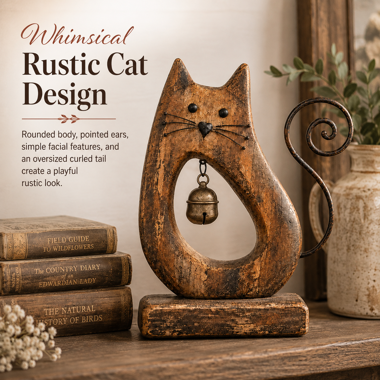Rustic Cat Figurine with Vintage Bell