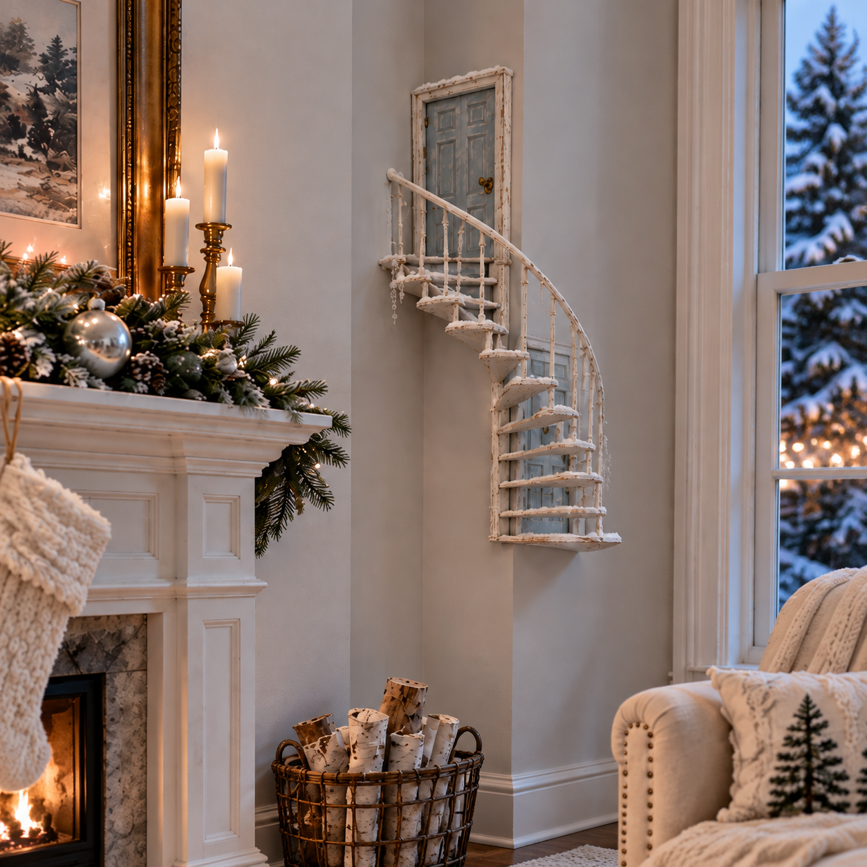 Winter staircase with lights off