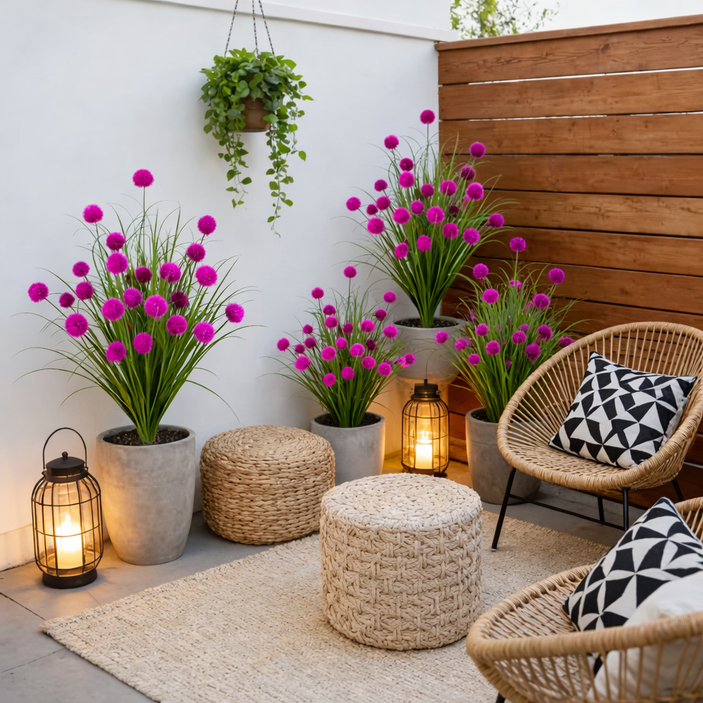 Artificial Purple Allium Grass Stem — Outdoor Decorative Spherical Faux Grass for Planters, Porches, Patios, and Garden Landscaping