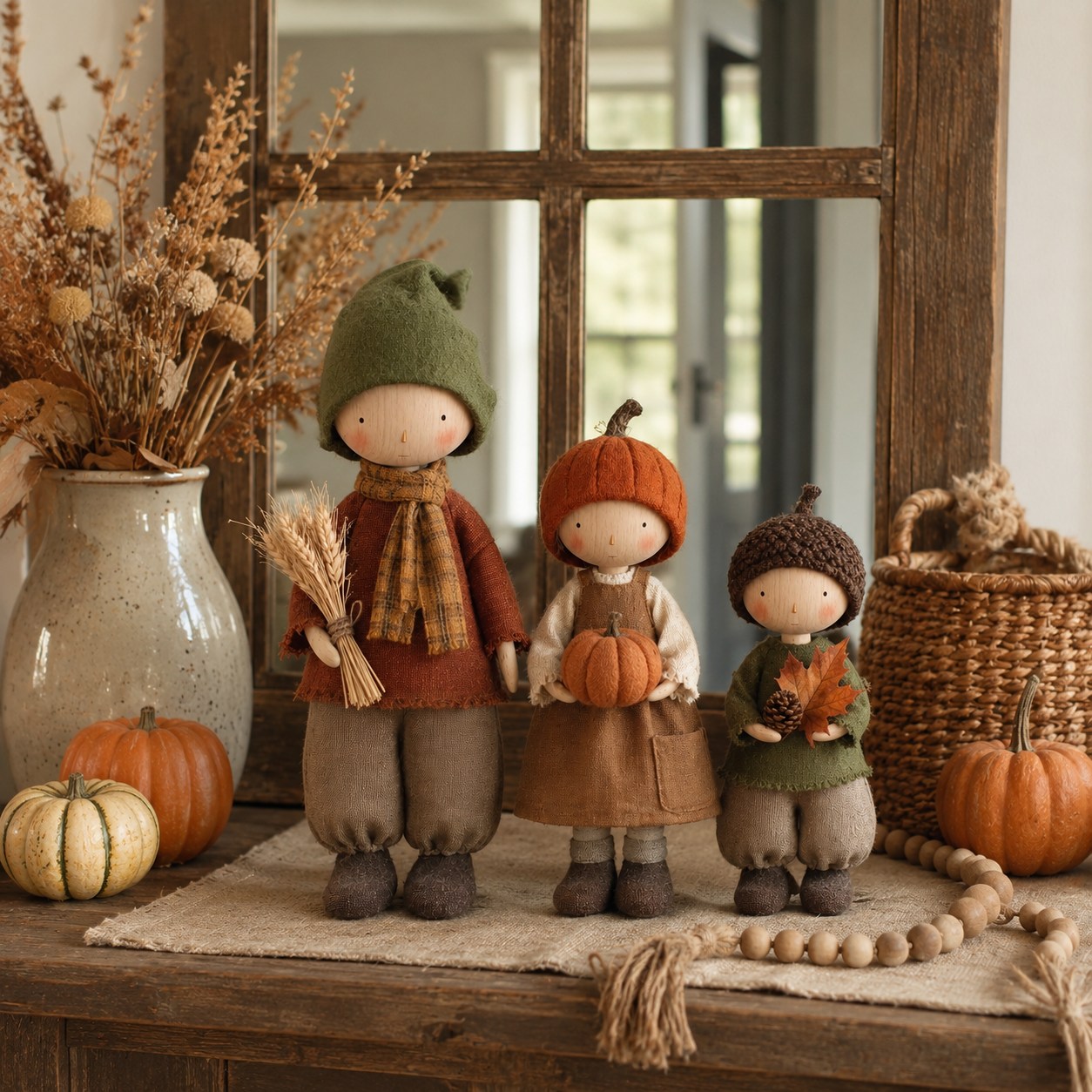 Set of 3 Rustic Fall Harvest Doll Figurines