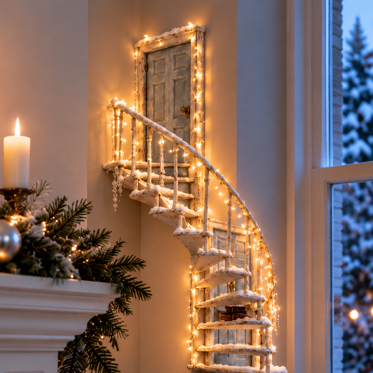 Winter staircase glowing with warm white lights