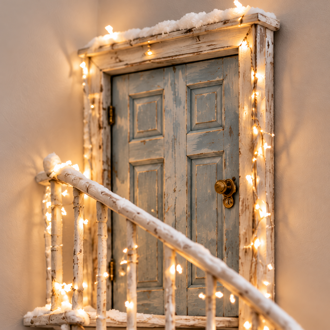Close-up of the blue gray door and snowy staircase
