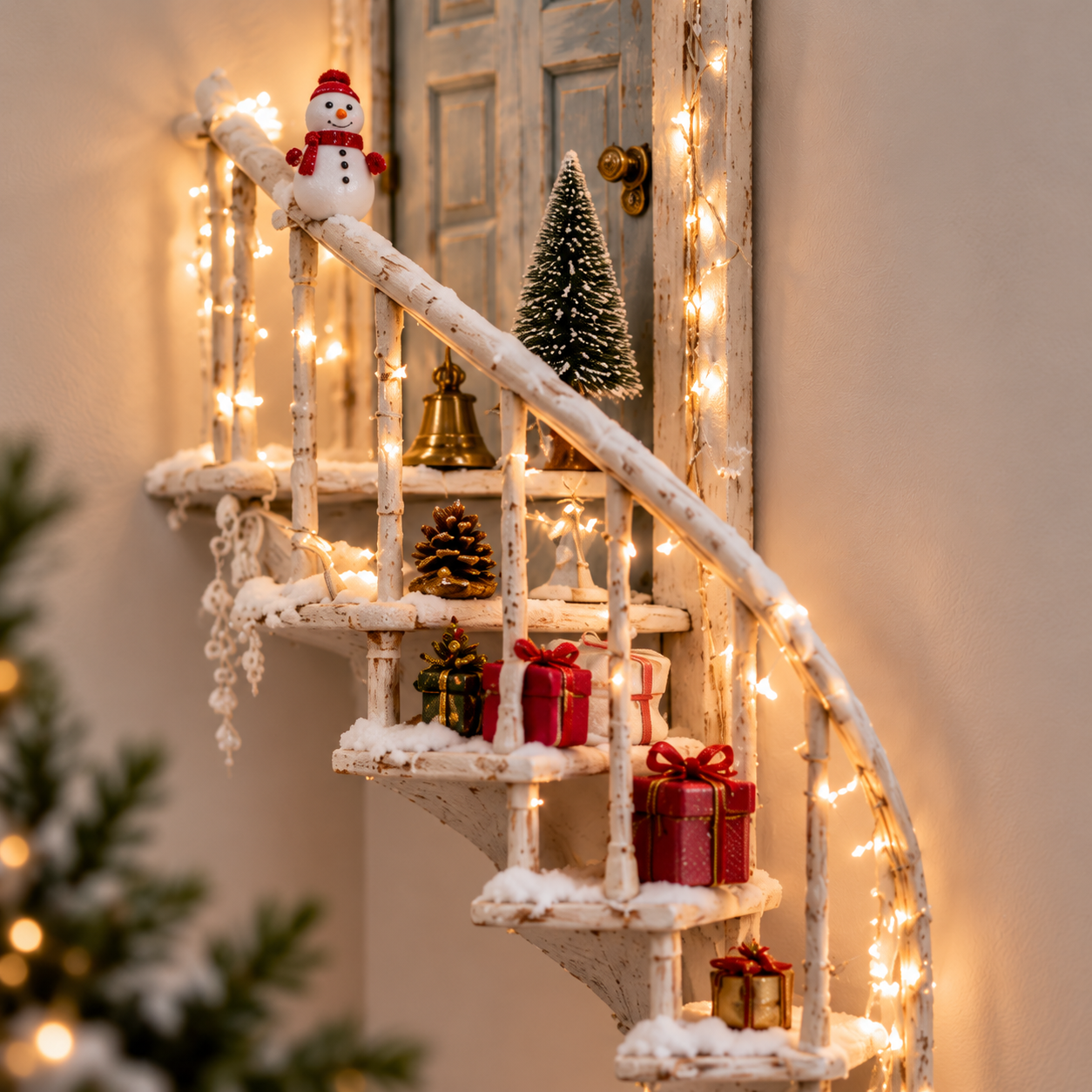 Miniature winter decorations displayed on the stairs