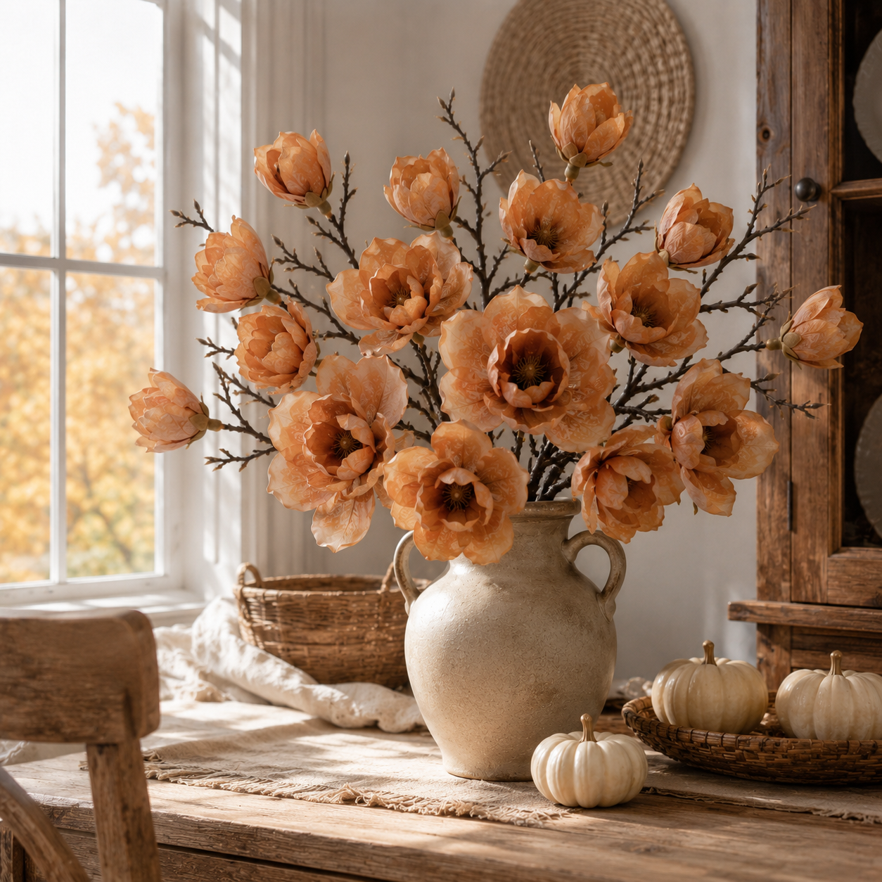 3 Pack Artificial Magnolia Flower Stems, 20 Inch Faux Fall Floral 