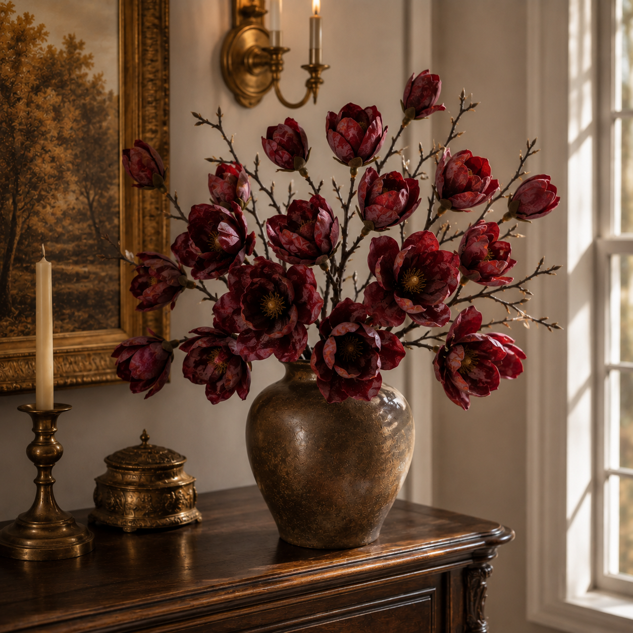 3 Pack Artificial Magnolia Flower Stems, 20 Inch Faux Fall Floral 