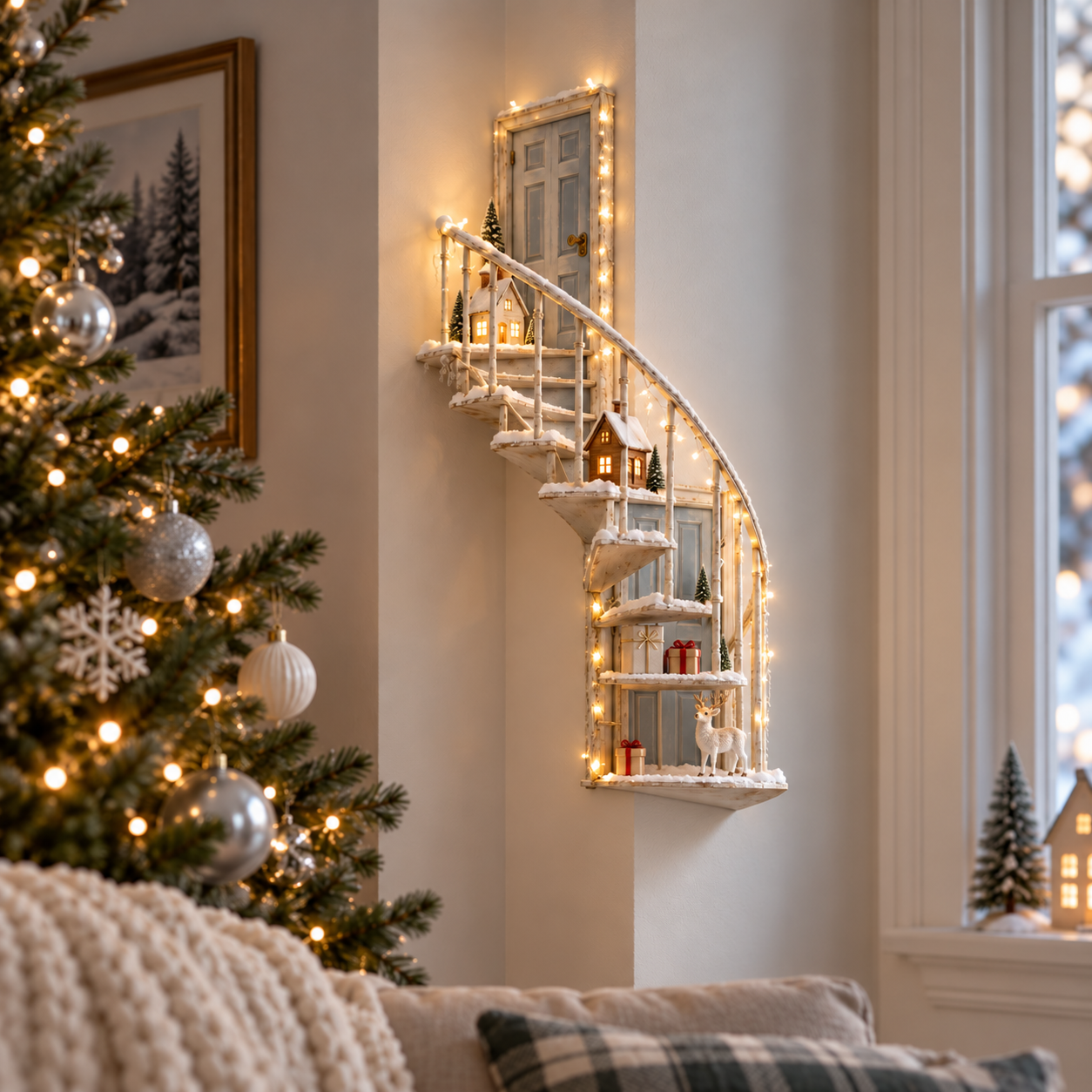 Winter fairytale staircase in a cozy Christmas home