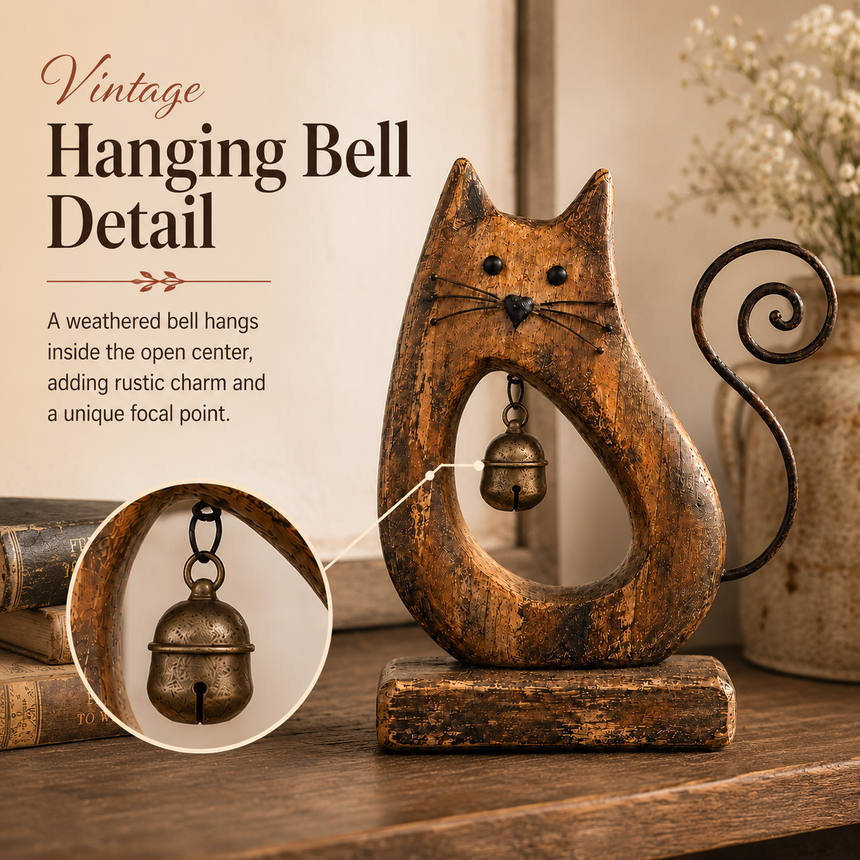 Rustic Cat Figurine with Vintage Bell