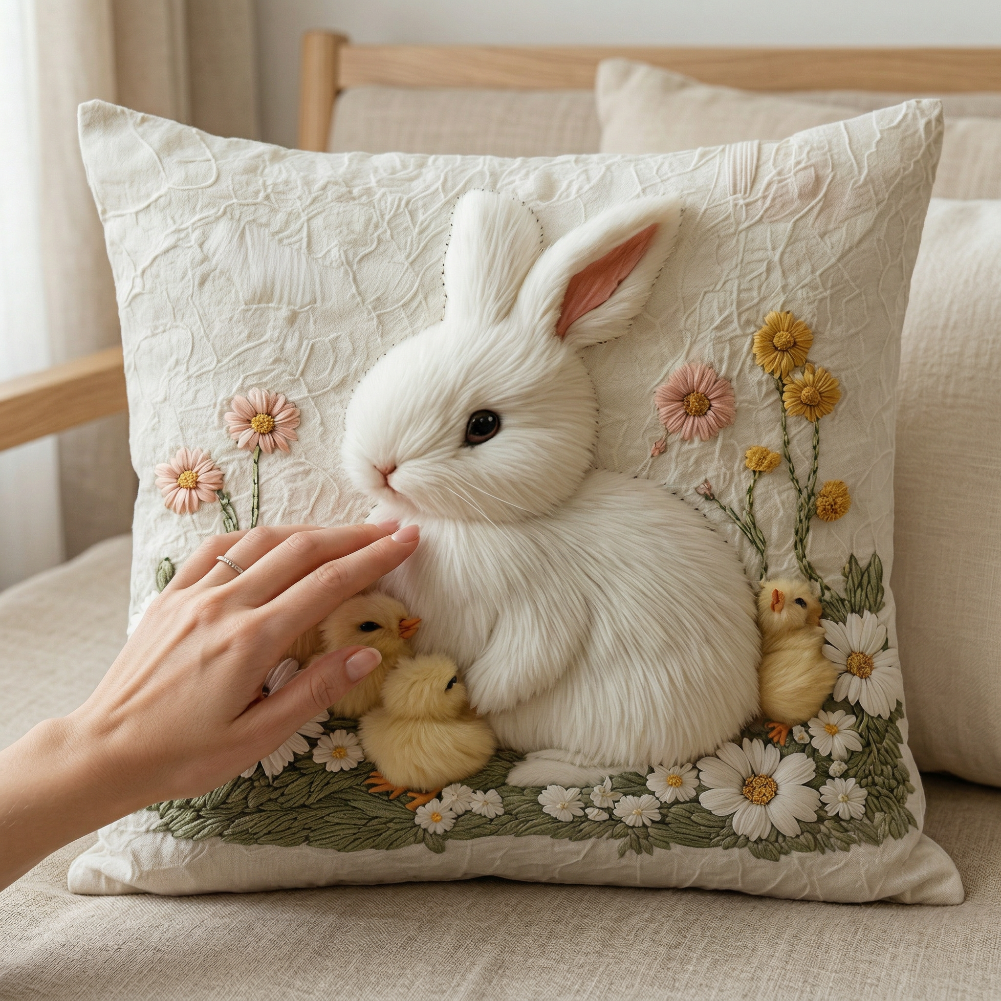Fluffy Bunny Pillow Cover – Cozy Easter Spring Farmhouse Decor