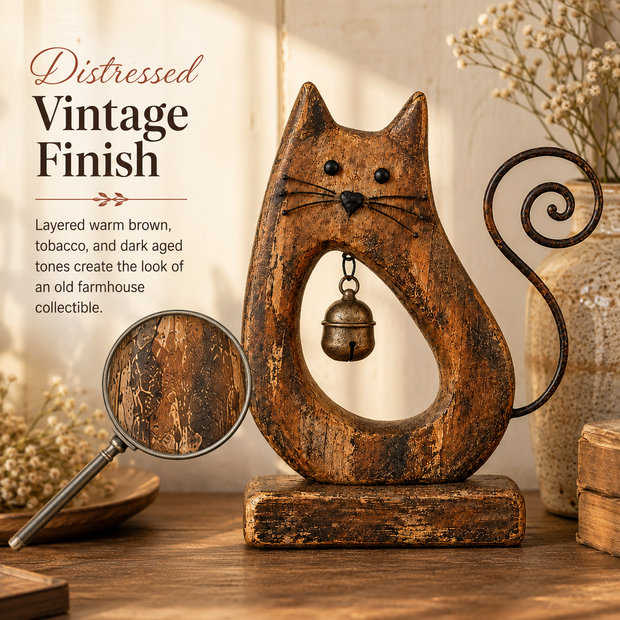 Rustic Cat Figurine with Vintage Bell