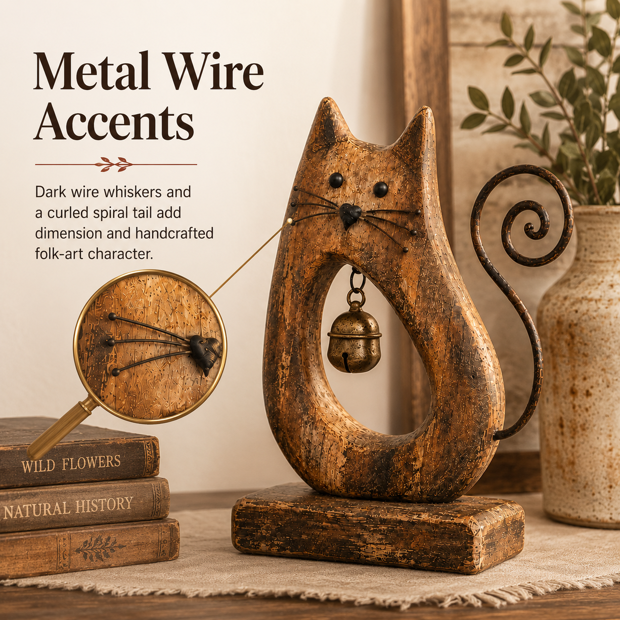 Rustic Cat Figurine with Vintage Bell