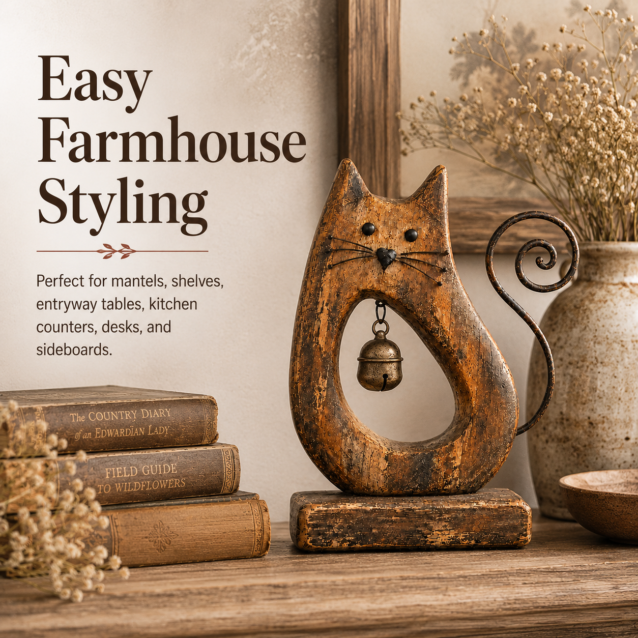 Rustic Cat Figurine with Vintage Bell