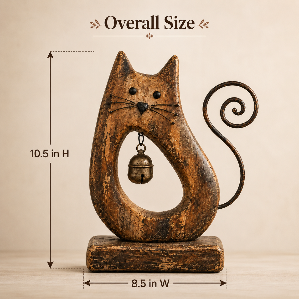 Rustic Cat Figurine with Vintage Bell