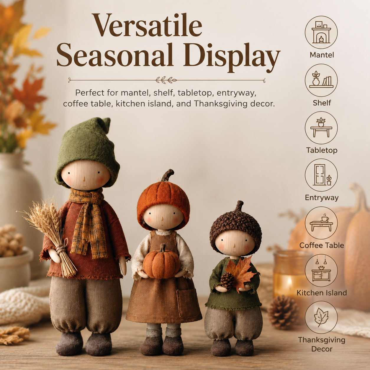 Set of 3 Rustic Fall Harvest Doll Figurines