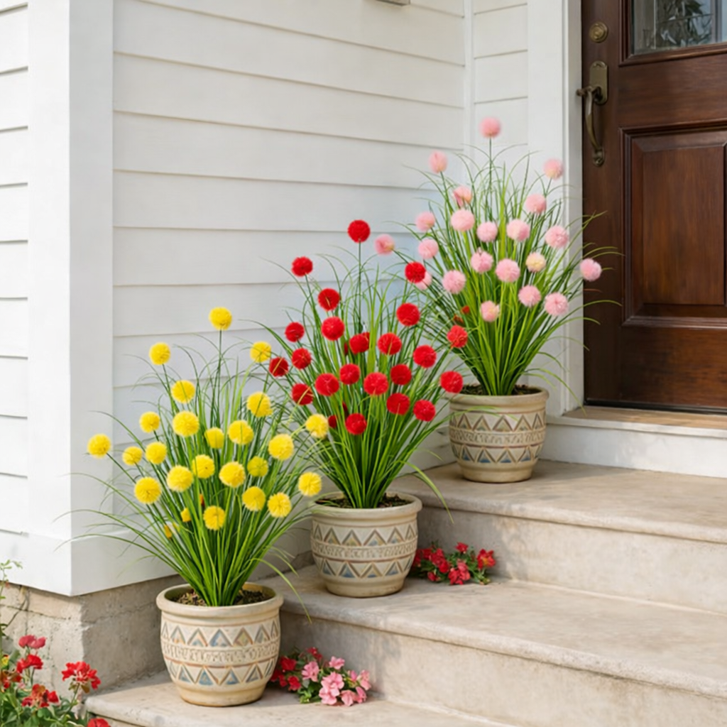Artificial Purple Allium Grass Stem — Outdoor Decorative Spherical Faux Grass for Planters, Porches, Patios, and Garden Landscaping
