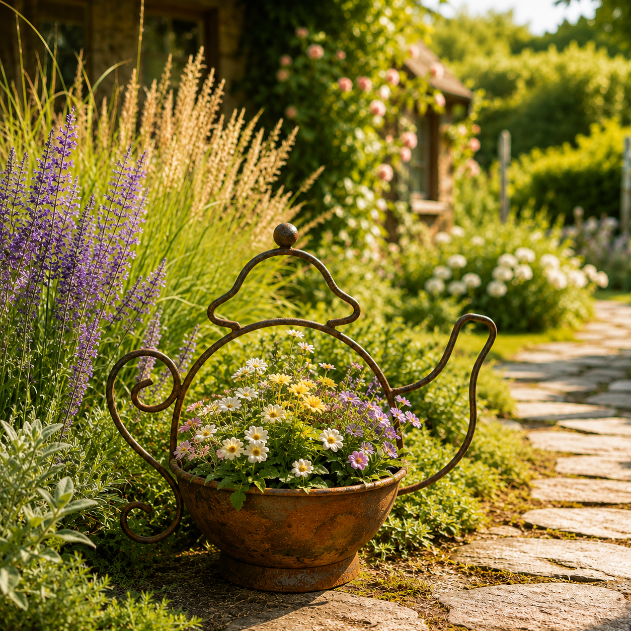 Rustic Metal Teapot Planter for Flowers