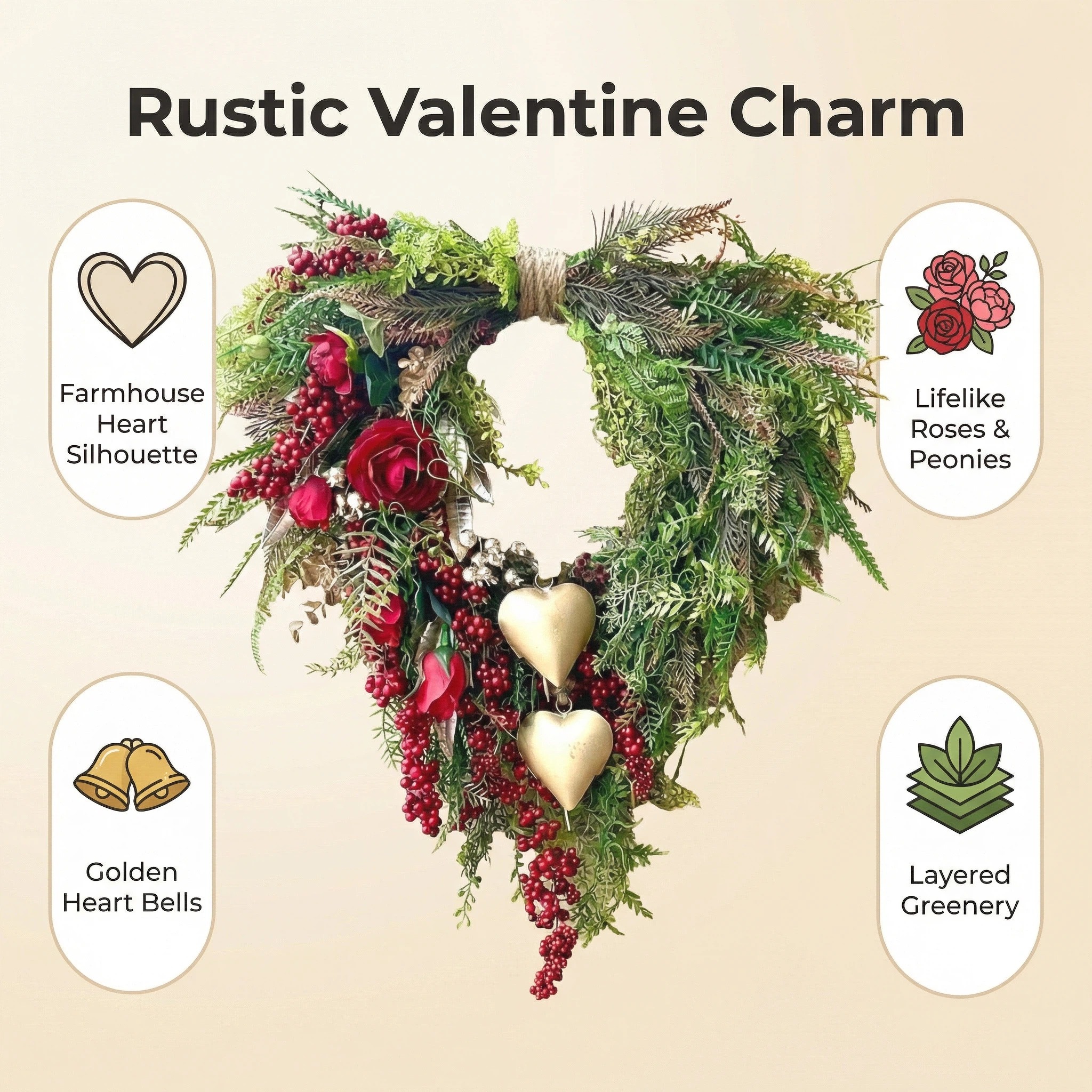 Farmhouse Valentine Heart Wreath with Gold Heart Bells, Red Roses & Berry Greenery (18" x 25")