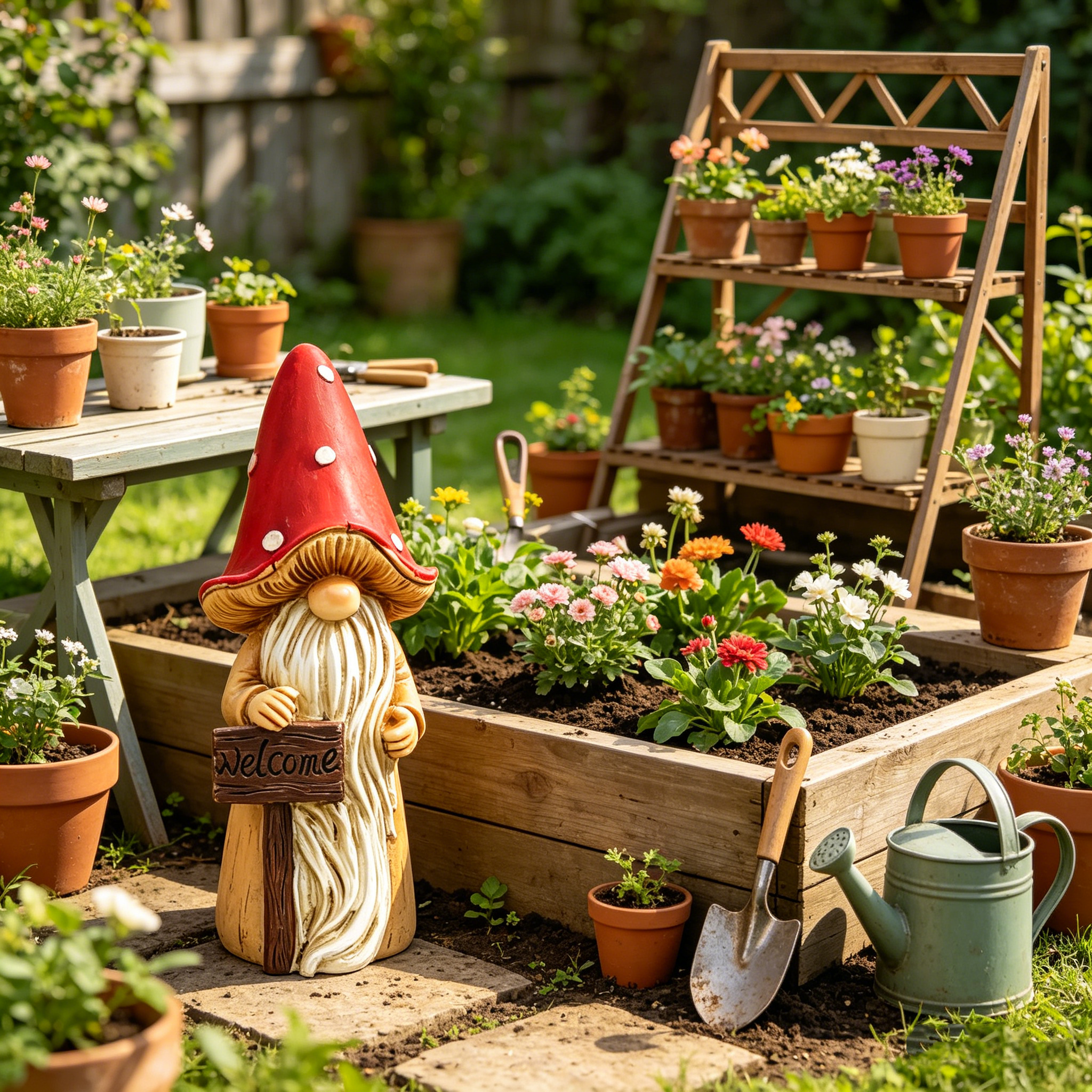 Whimsical Mushroom Hat Garden Gnome Statue
