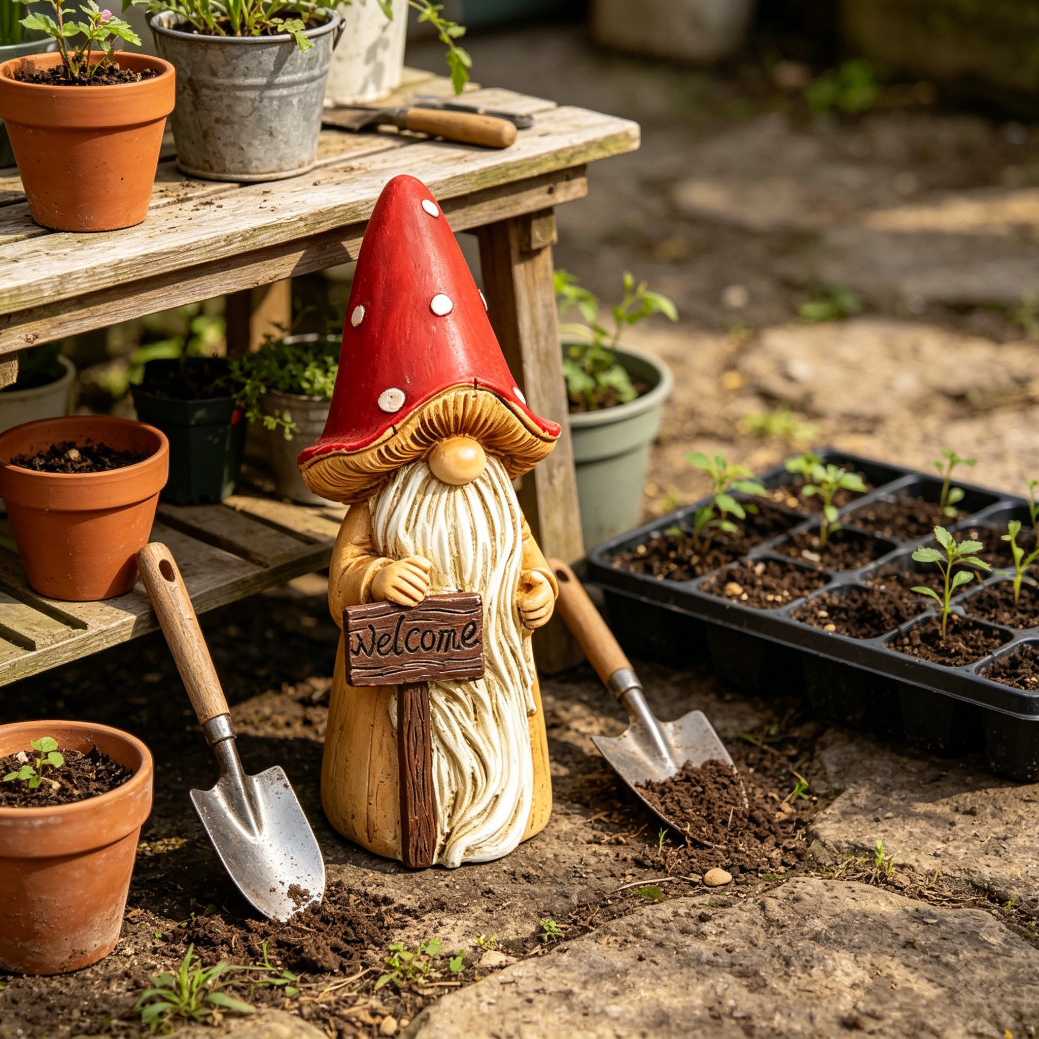 Whimsical Mushroom Hat Garden Gnome Statue