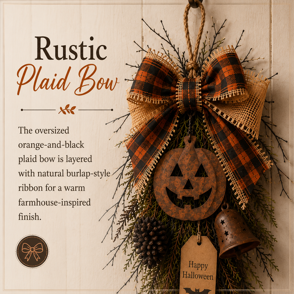 Rustic Halloween Pumpkin Door Swag – Plaid Bow & Bell Hanging Décor