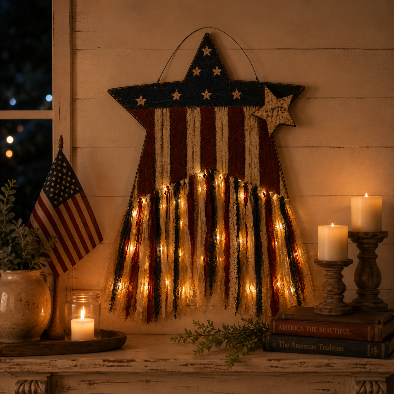 Remote-Controlled Lighted Patriotic Star Door Hanger with Fabric Tassels