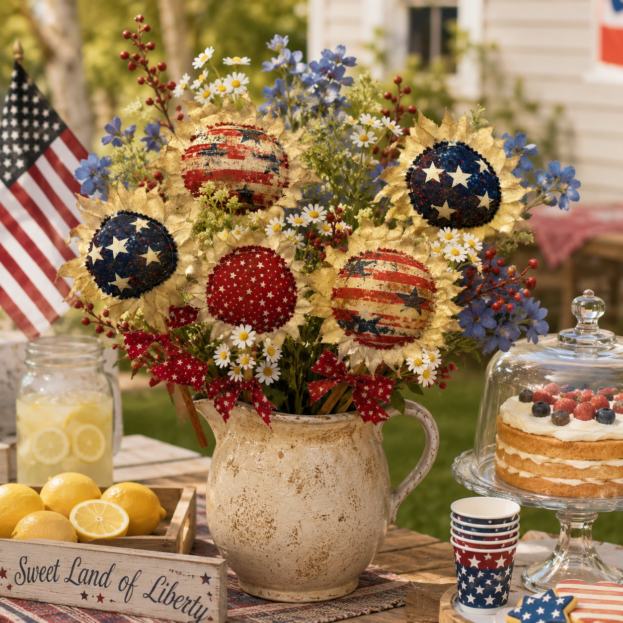 Primitive Americana Flower Picks Set of 3 – Rustic Patriotic Fabric Sunflower Decor
