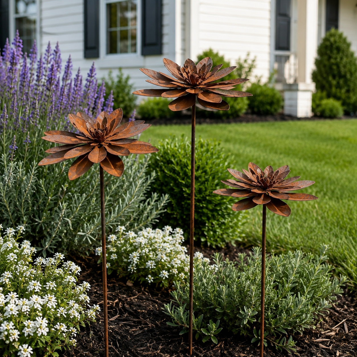 Rustic Metal Lotus Garden Stake – Weathered Outdoor Flower Yard Decor
