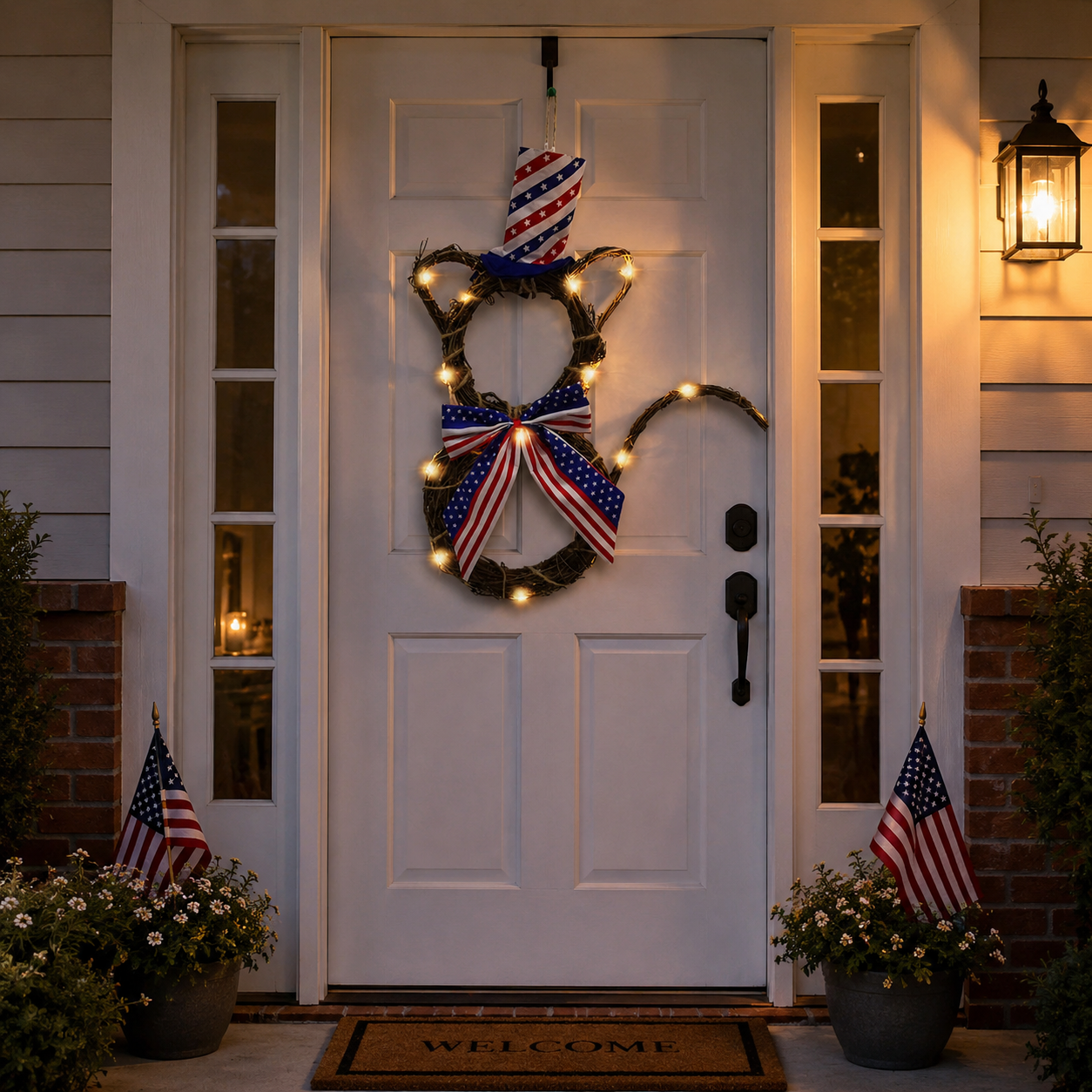 Patriotic Cat Wreath with Remote-Controlled LED Lights
