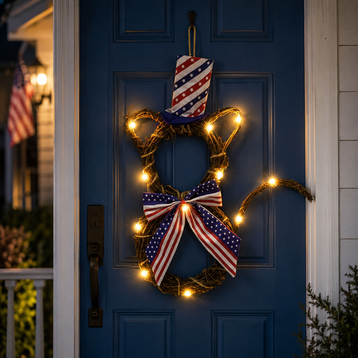 Patriotic Cat Wreath with Remote-Controlled LED Lights