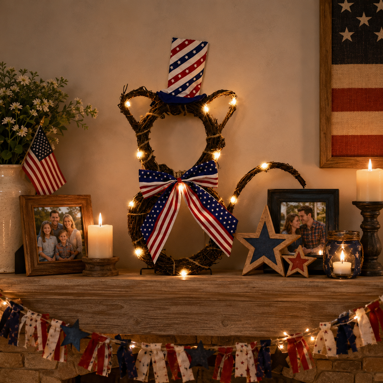 Patriotic Cat Wreath with Remote-Controlled LED Lights