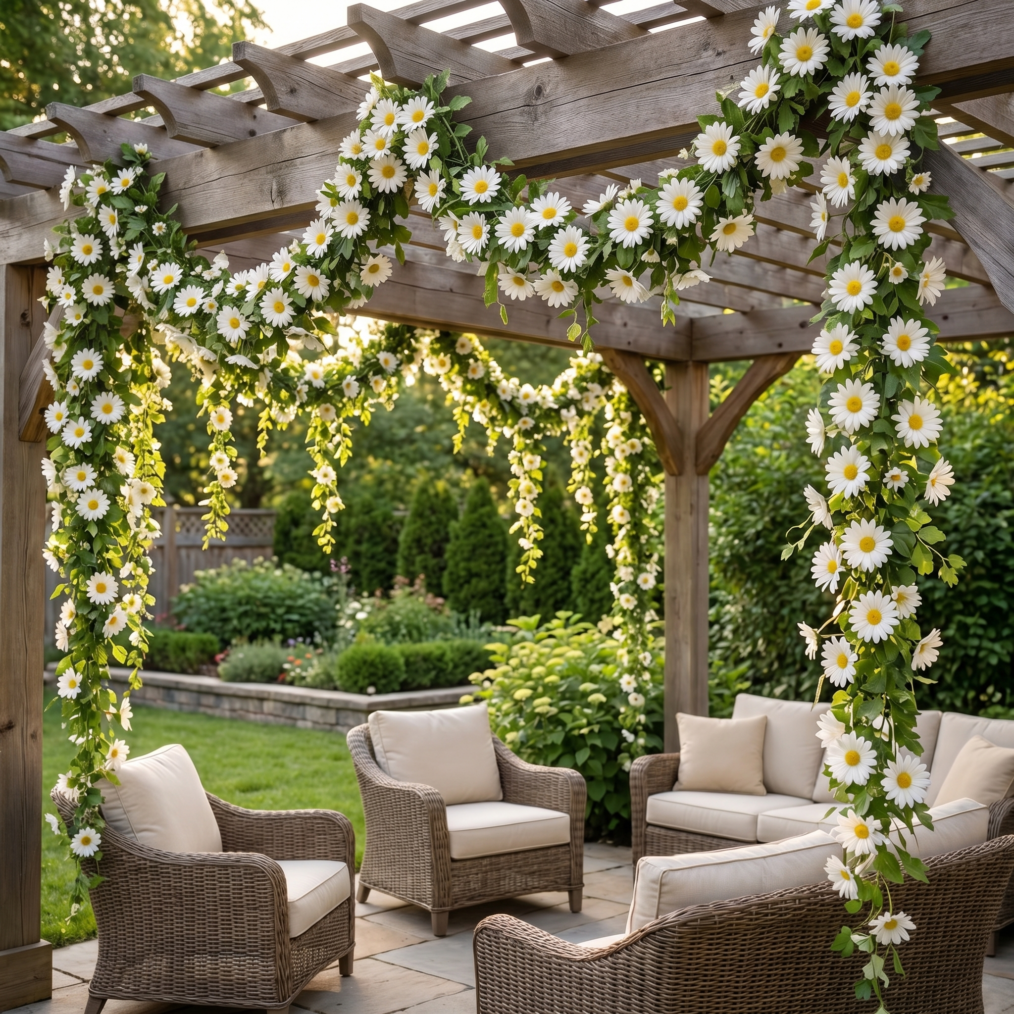 2-Pcs White Daisy Garland Vines for Porch, Wedding & Home Decor