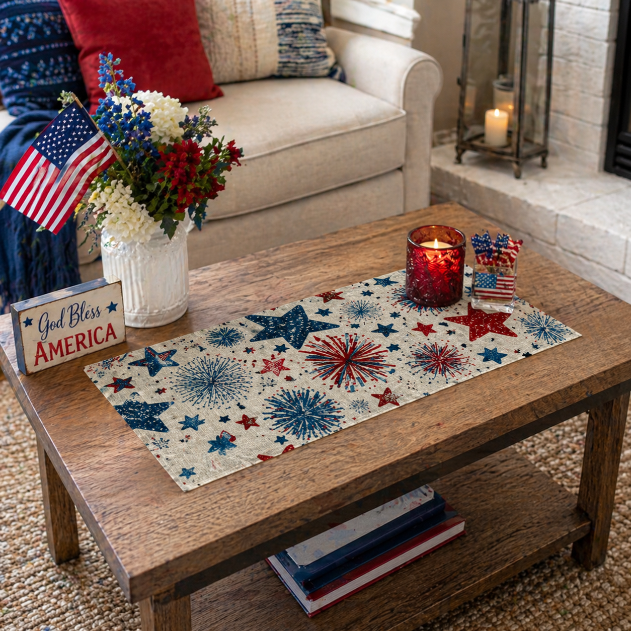 Patriotic Fireworks Table Runner – 4th of July Independence Day Table Decor