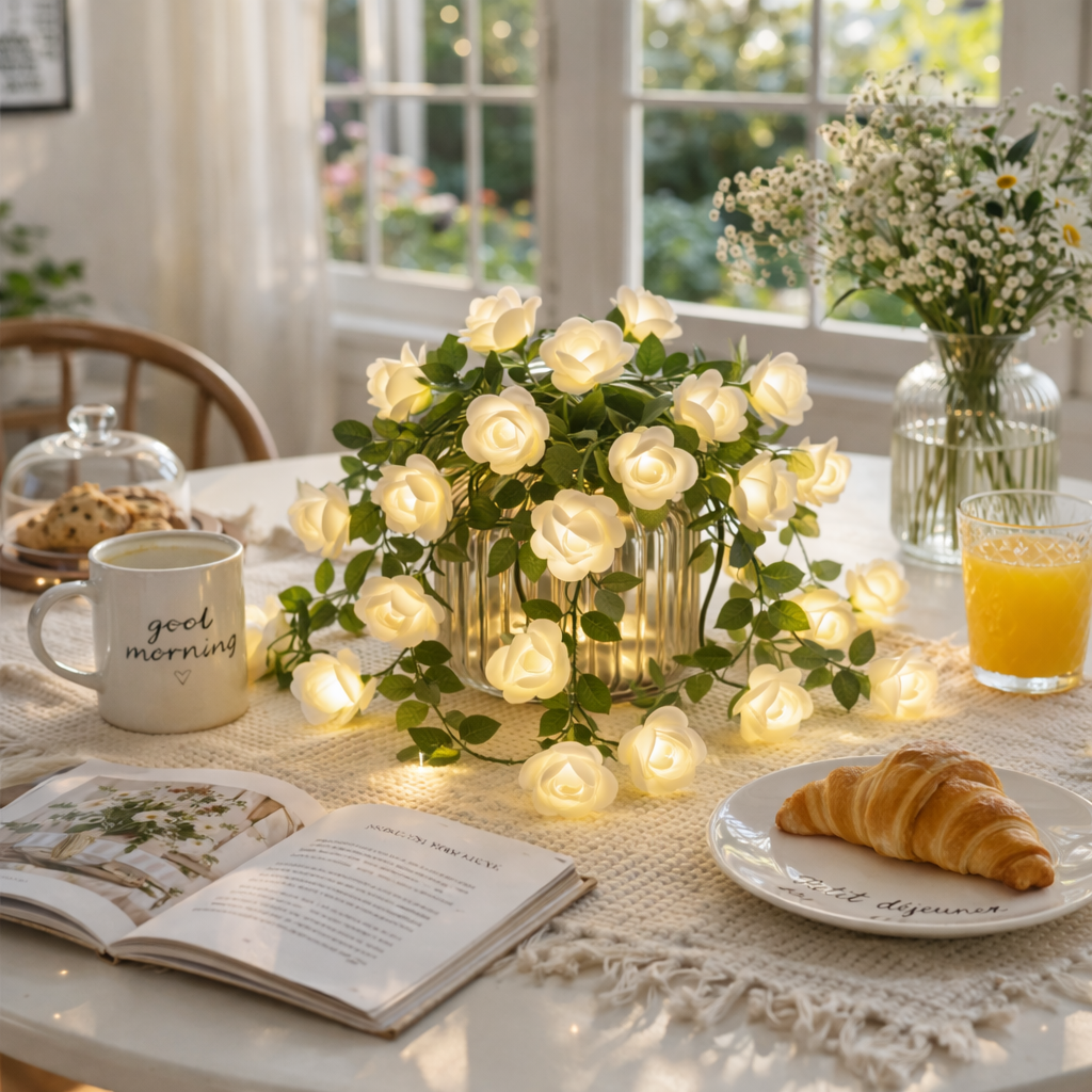 6M White Rose Vine String Lights with Remote – Cozy Home Decor & Mother’s Day Gift