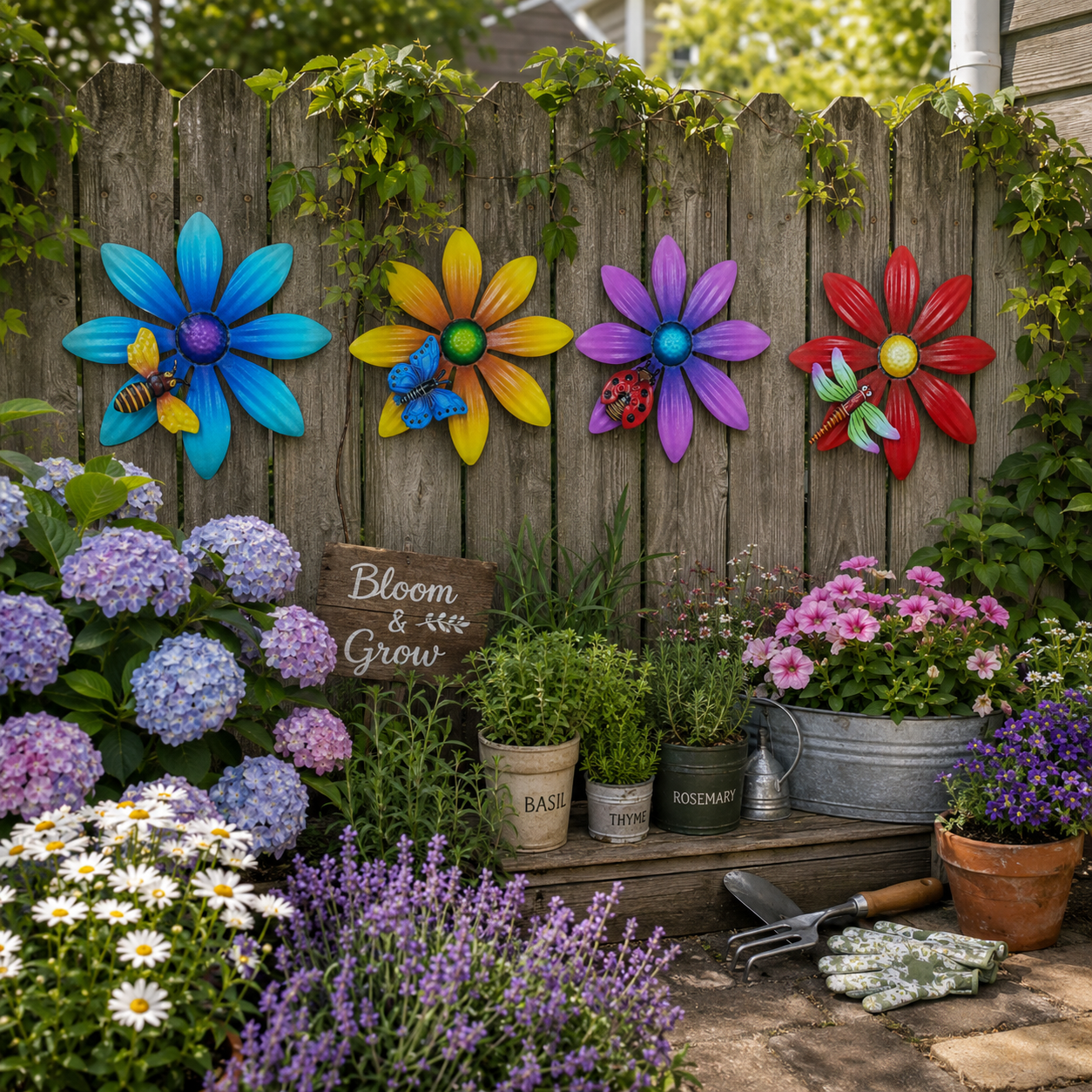 4-Piece Metal Flower Wall Decor Set – Colorful Garden Wall Art with Bee, Butterfly & Dragonfly Accents
