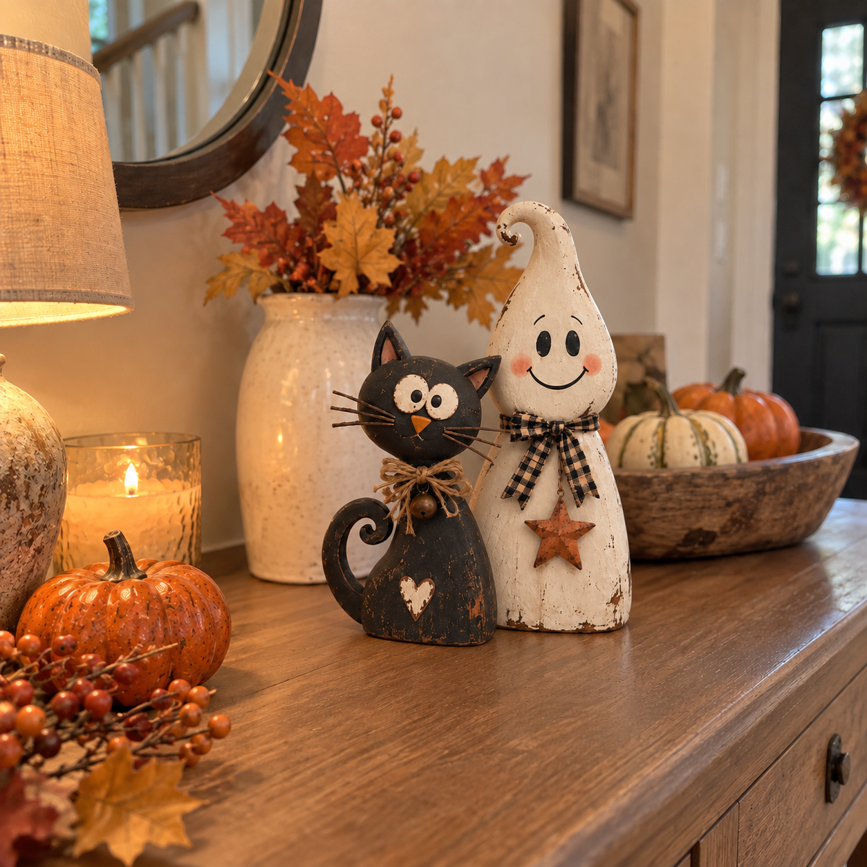 Vintage Ghost & Black Cat Halloween Figurine Set