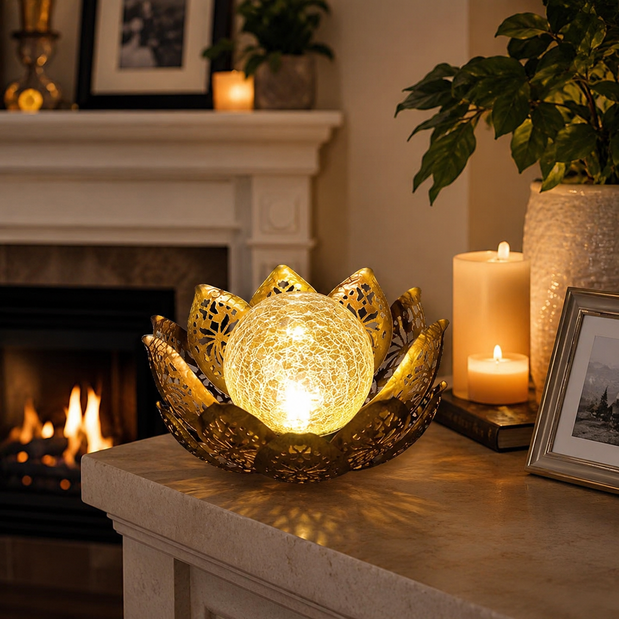 Solar Lotus Garden Light with Crackle Glass Globe
