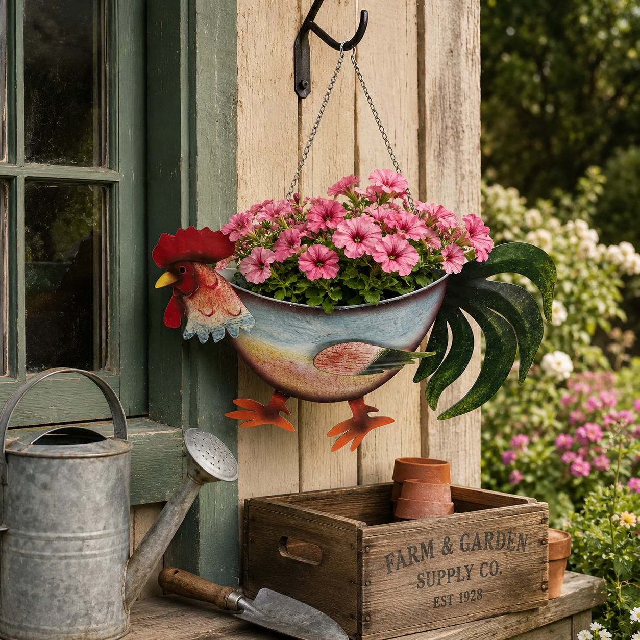 Rustic Rooster Hanging Planter, Farmhouse Chicken Flower Pot