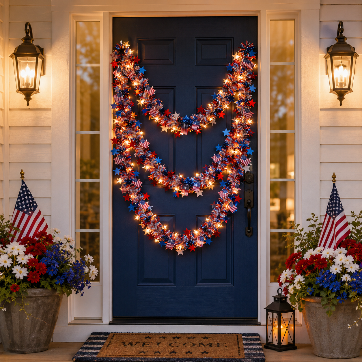 Lighted Patriotic Star & American Flag Garland with Remote Control