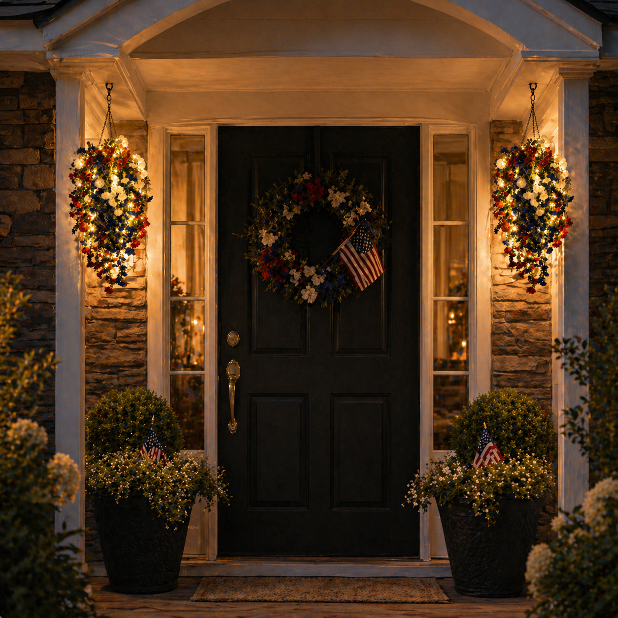 Solar Lighted Patriotic Hanging Flower Basket – Red White Blue 4th of July Porch Accent
