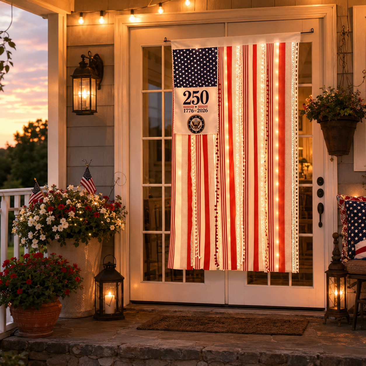 America 250 Patriotic Hanging Banner with Remote-Controlled LED String Lights
