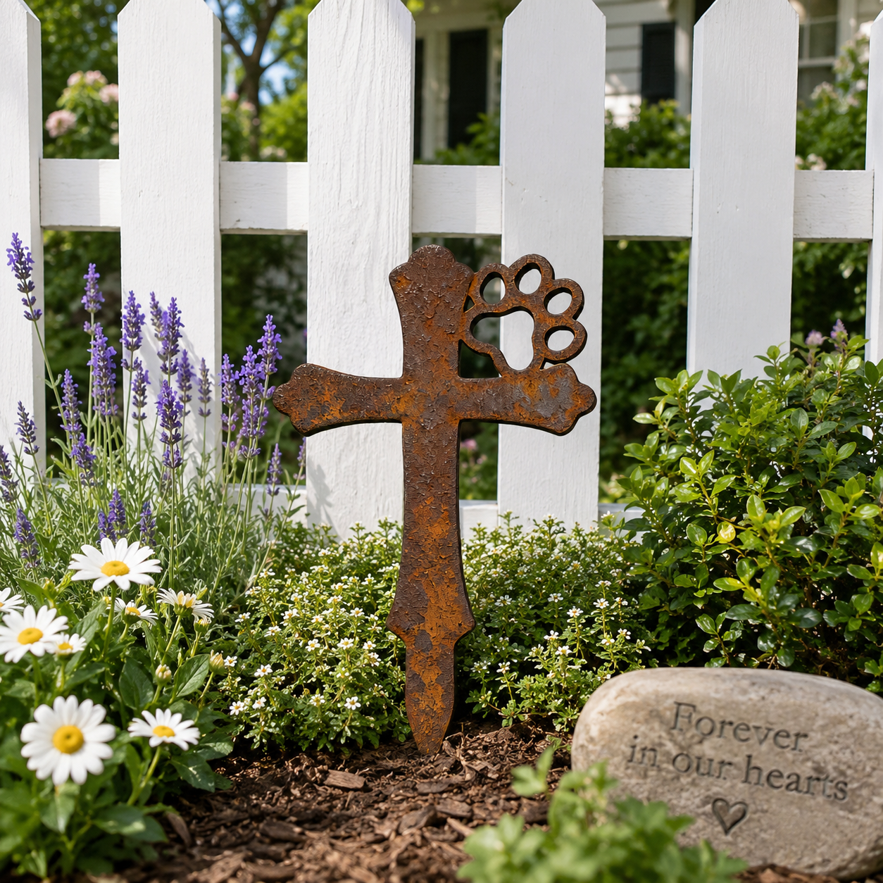 Rustic Metal Pet Memorial Garden Stake with Paw Print Cross