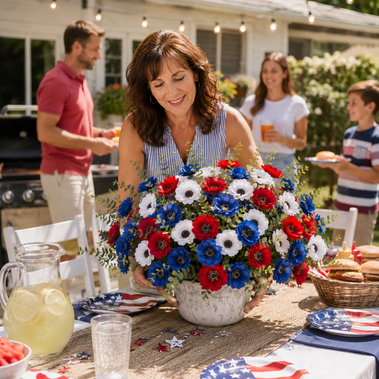 9-Piece Patriotic Red, White & Blue Faux Pansy Flower Set for July 4th Home, Porch & Garden Decor