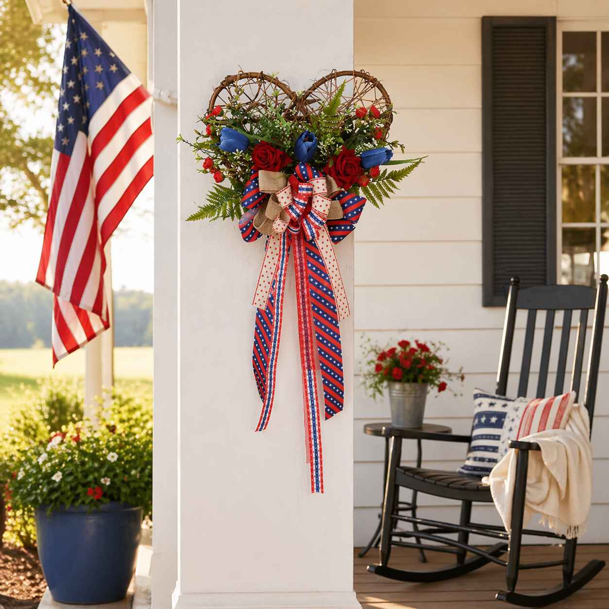 America 250 Patriotic Floral Bicycle Door Hanger – Red White Blue Independence Decor